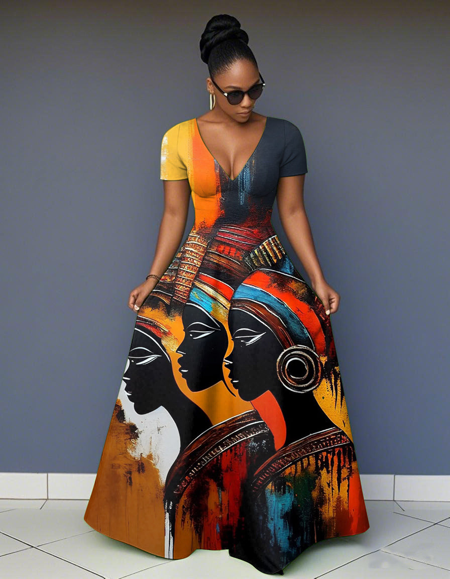 V Neck Retro Tribal Contrast Print Short Sleeve Maxi Dress