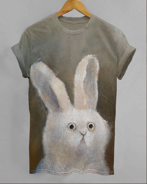 Big Ears Rabbit Oil Painting Crew Neck Short Sleeve Shirt