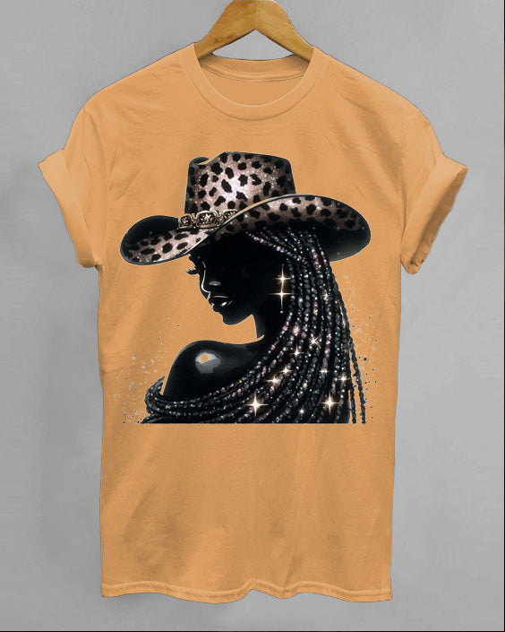 Pretty Black CowGirl Crew Neck Short Sleeve Cotton T-shirt