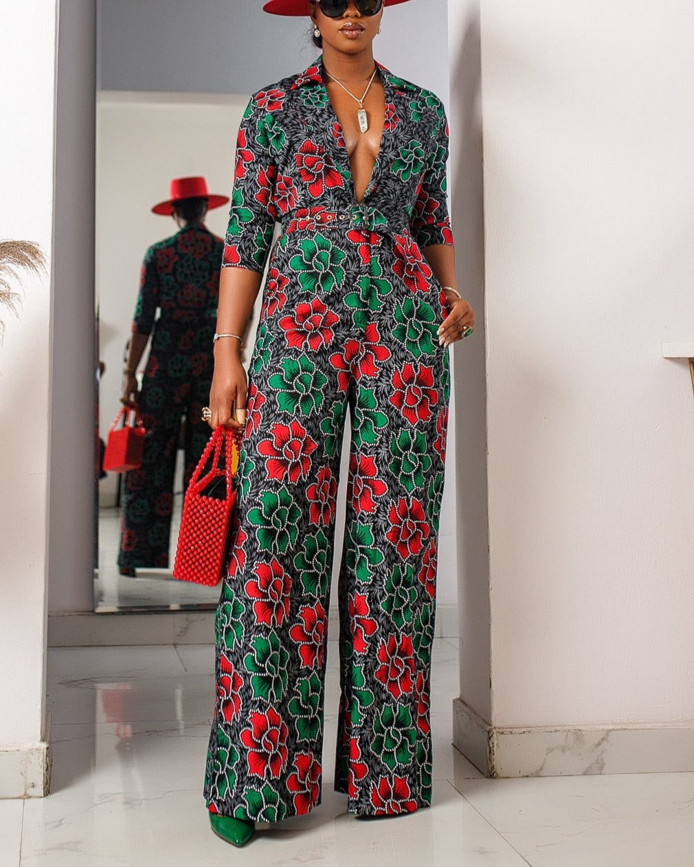 Women's Flora Print V Neck Jumpsuit