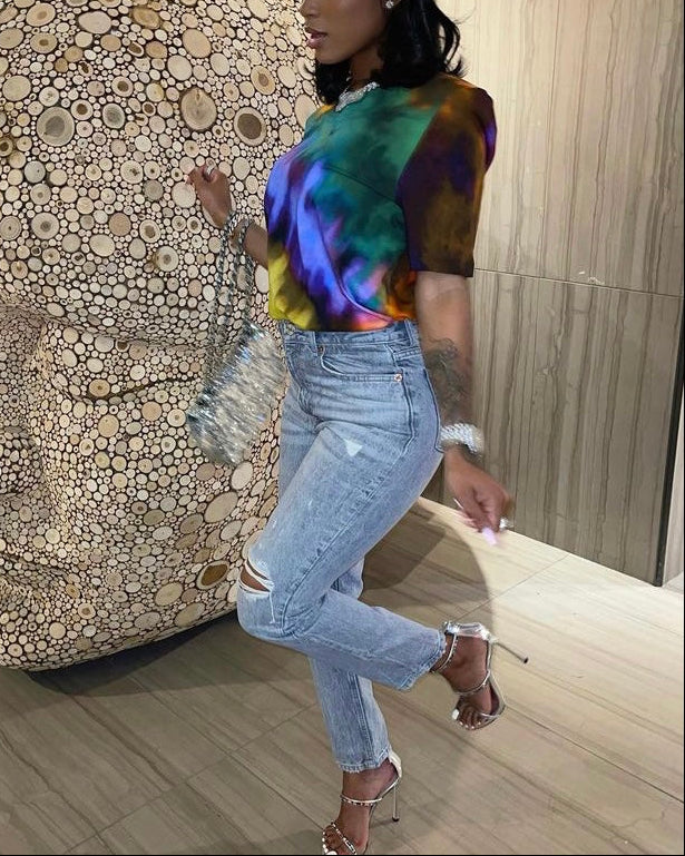 Women's Fashion T-Shirt Multicolor Tie-dye Short Sleeve T-Shirt