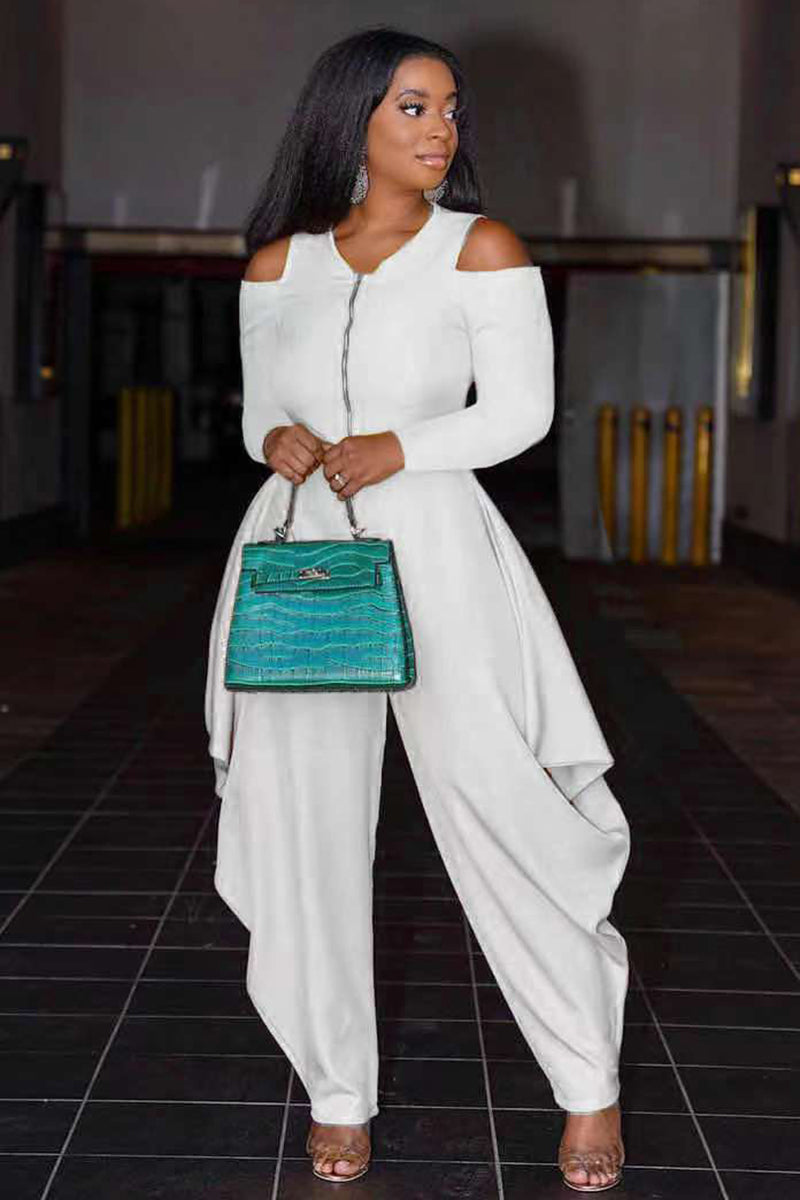 Cold Shoulder Half Zip Irregular Harem Casual Jumpsuit