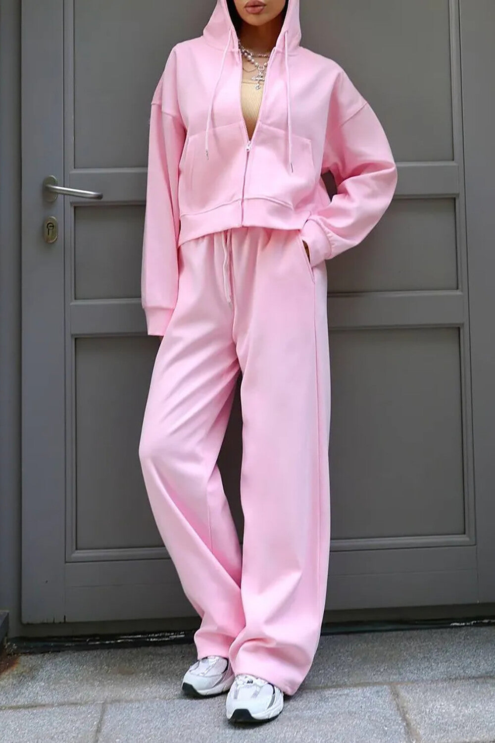 Zip-Up Hooded Track Jacket Solid Color Wide Leg Pants Matching Set-Pink