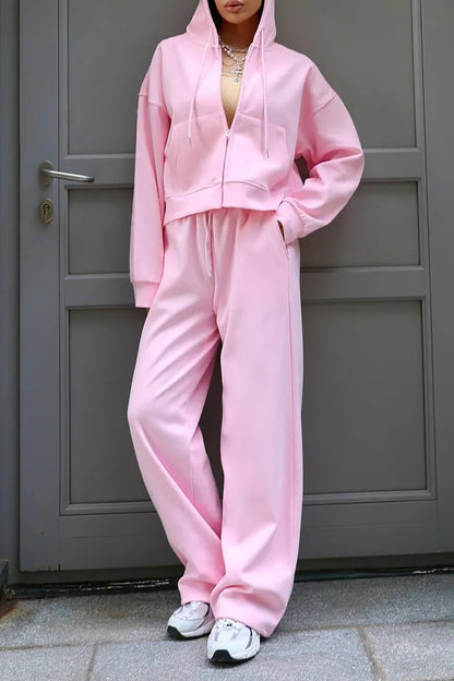 Zip-Up Hooded Track Jacket Solid Color Wide Leg Pants Matching Set-Pink