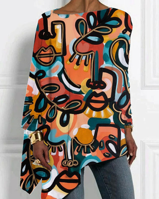 Artistic Ethnic Print Irregular Hem Top