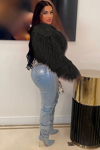 Solid Color Faux Fur Long Sleeve V Neck Crop Coat-Orange