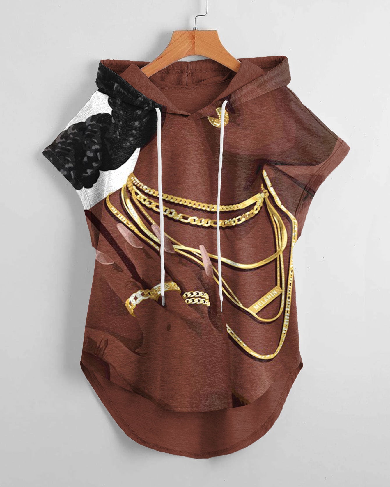 Gold Necklace Jewelry Art Low Hem Drawstring Hooded Tee