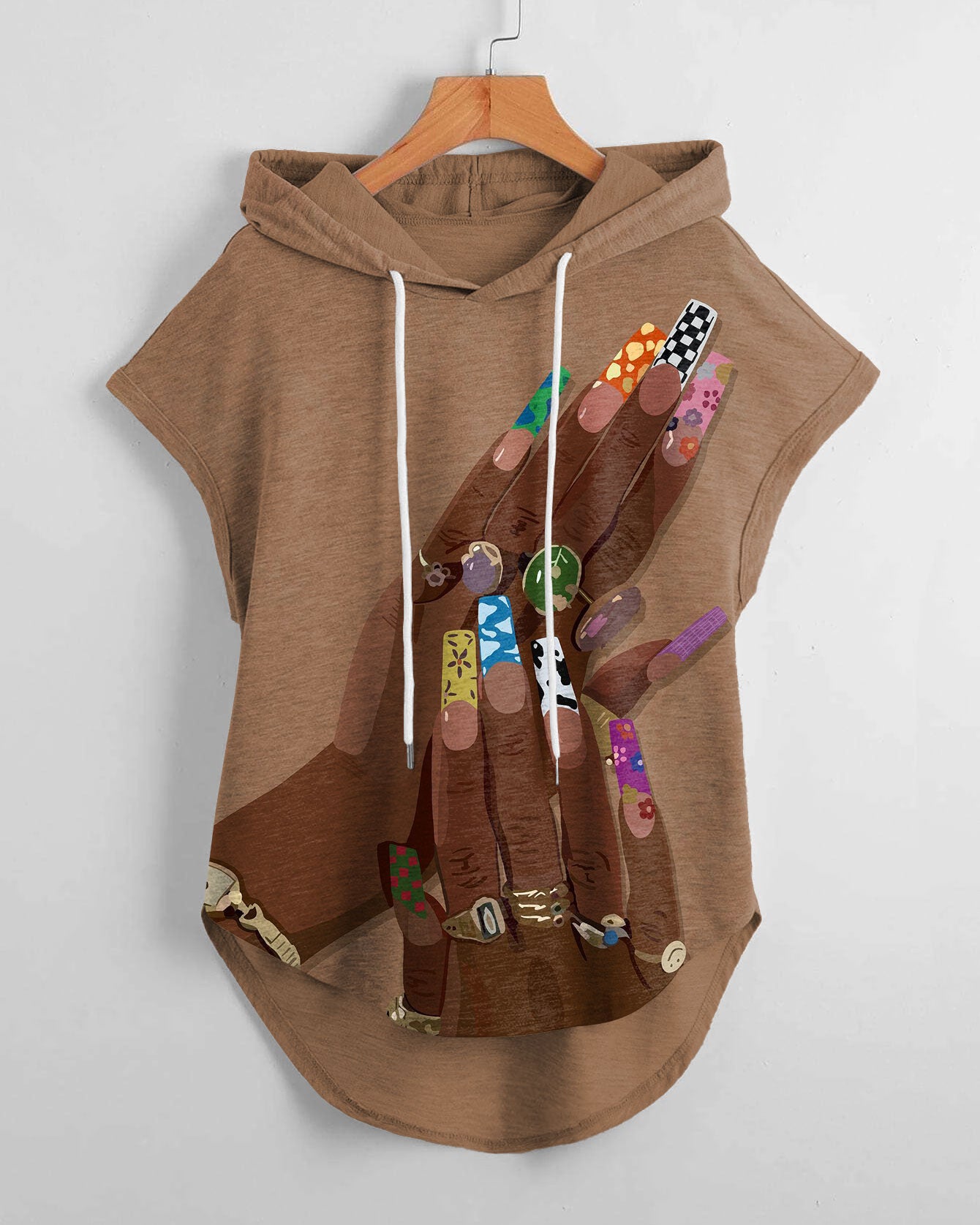 Cute Nails And Rings Art Low Hem Drawstring Hooded Tee