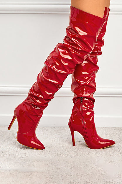 PU Leather Pointy Toe Ruched Thigh-High Boots-Black
