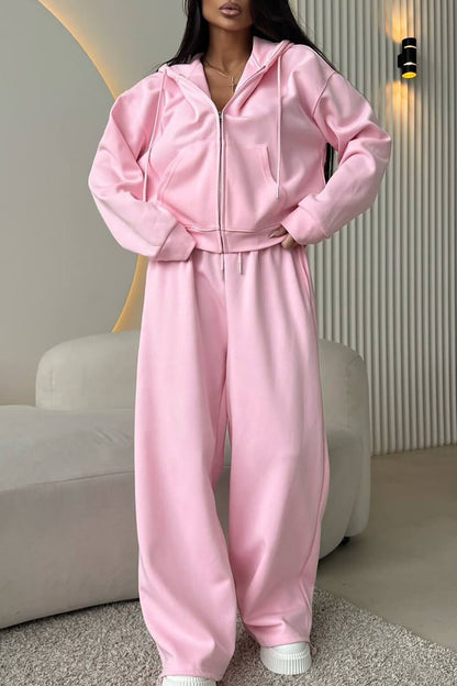 Zip-Up Hooded Track Jacket Solid Color Wide Leg Pants Matching Set-Pink