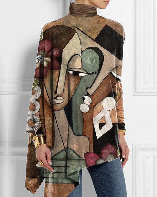 Afro-ethnic art print turtleneck long-sleeved top