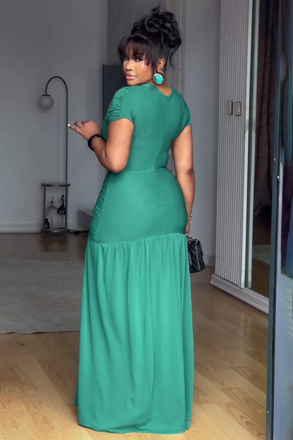 V Neck Cap Sleeve Ruched Dropped Waist Daily Maxi Dresses-Green [Pre Order]