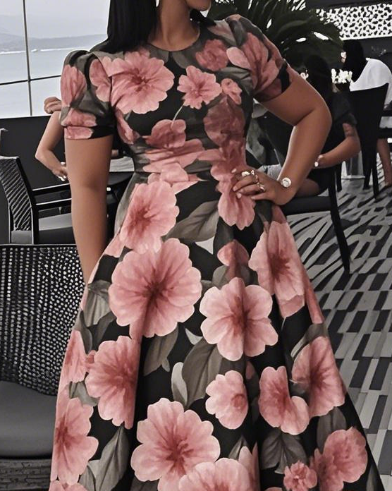 Women's Summer Elegant Round Neck Short Sleeve Floral Pattern Print Slim Waist A-Line Maxi Dress