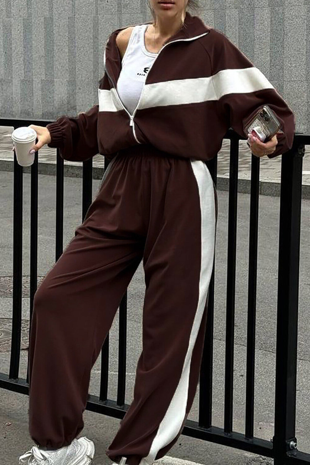 Colorblock Long Sleeve Track Jacket Casual Pants Matching Set-Brown