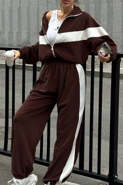 Colorblock Long Sleeve Track Jacket Casual Pants Matching Set-Brown