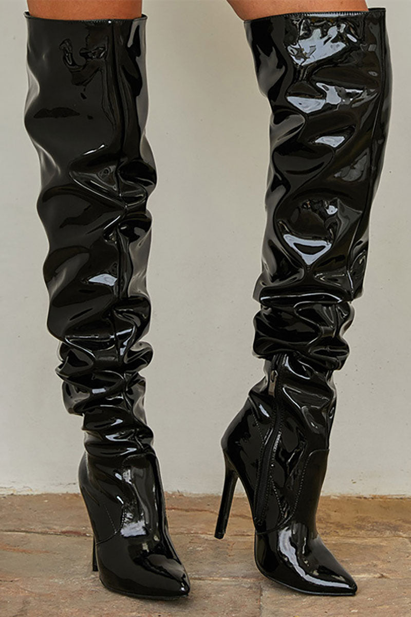 PU Leather Pointy Toe Ruched Thigh-High Boots-Black