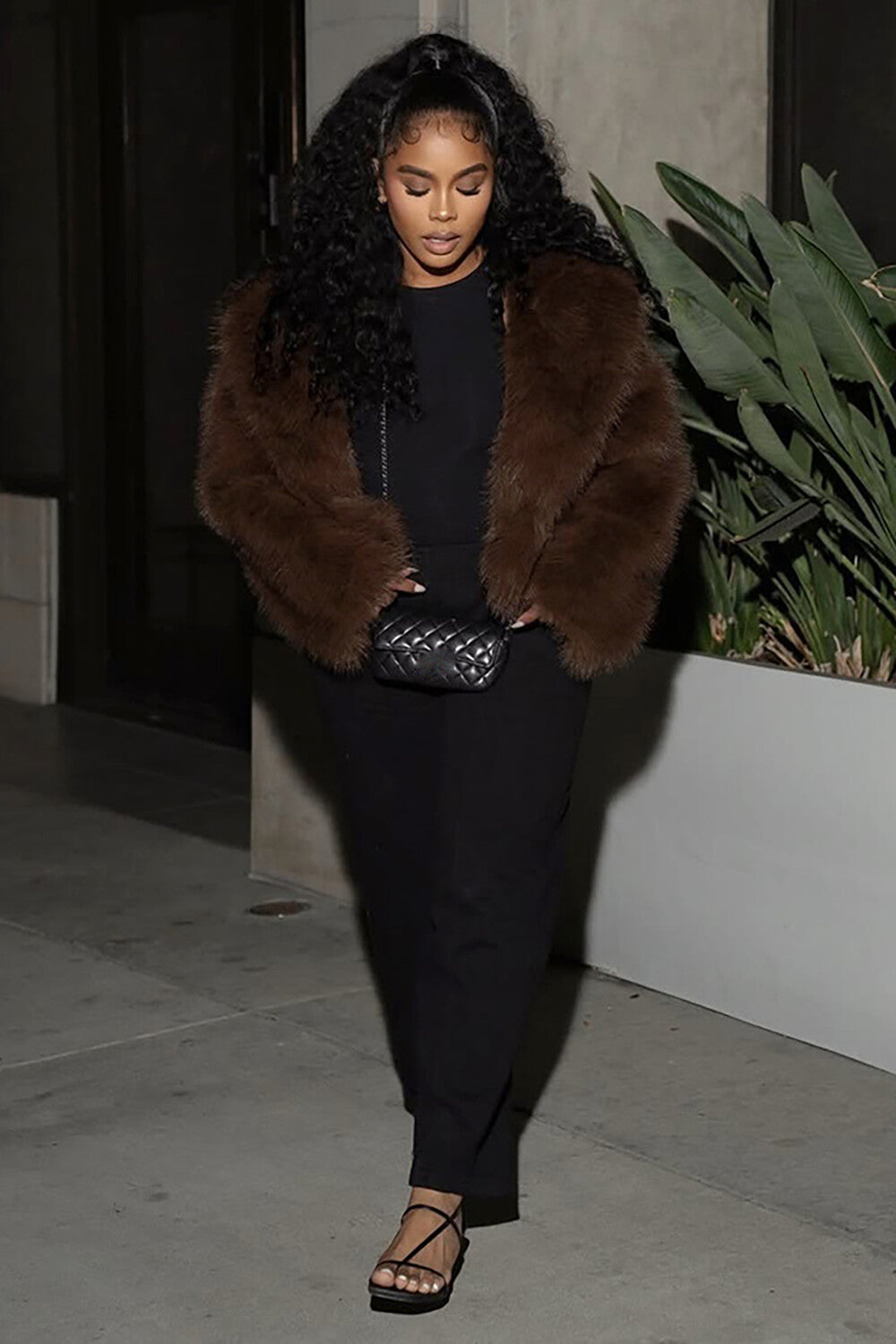 Solid Color Long Sleeve Furry Crop Coat-Brown