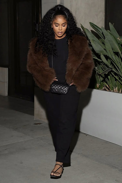 Solid Color Long Sleeve Furry Crop Coat-Brown