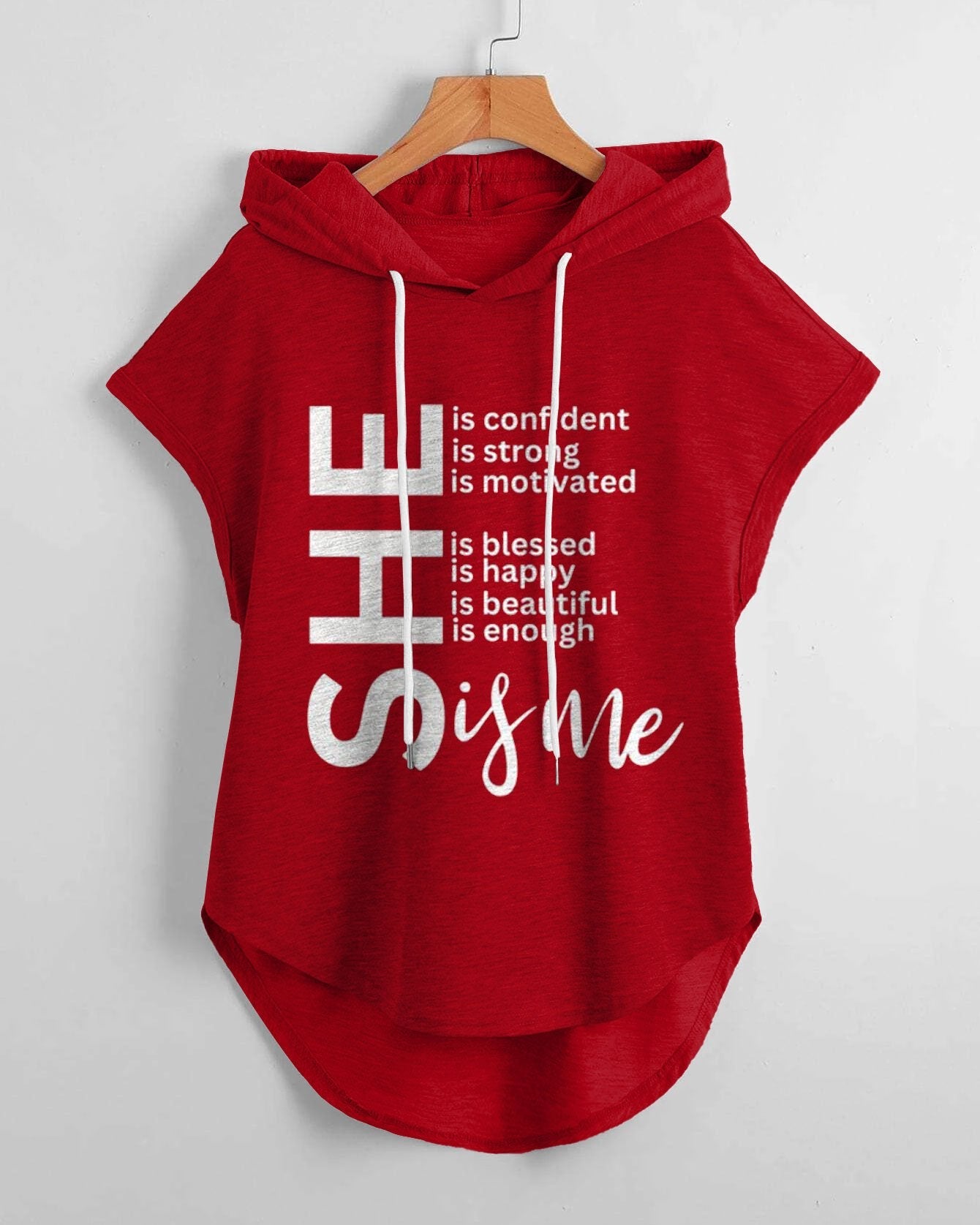 She Is Me Low Hem Drawstring Hooded Tee