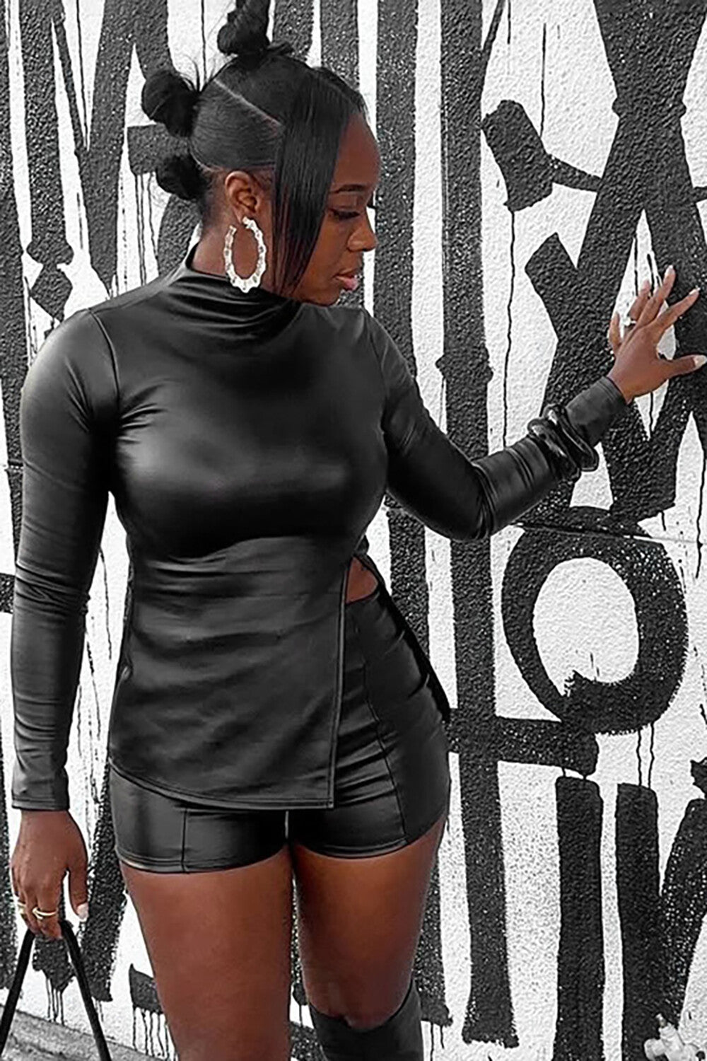Faux Leather Stand Collar Long Sleeve Slit Top Shinny Shorts 2pcs Set-Black