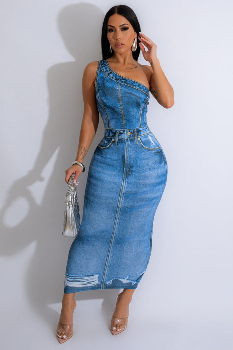 Denim Print One-Shoulder Strap Bodycon Sleeveless Midi Dresses-Blue