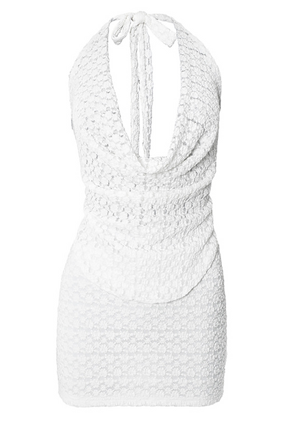 Jacquard Lace Cowl Neckline Halter Top Bodycon Mini Skirt 2pcs Set-White