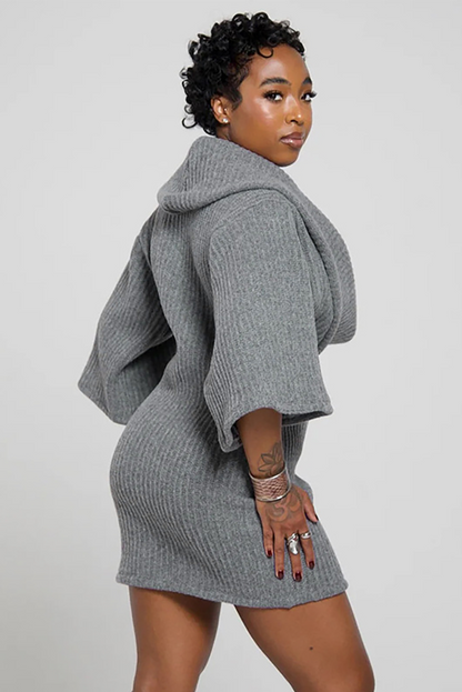 Cowl Neckline Half Sleeve Knit Bodycon Solid Color Sweater Mini Dresses-Gray