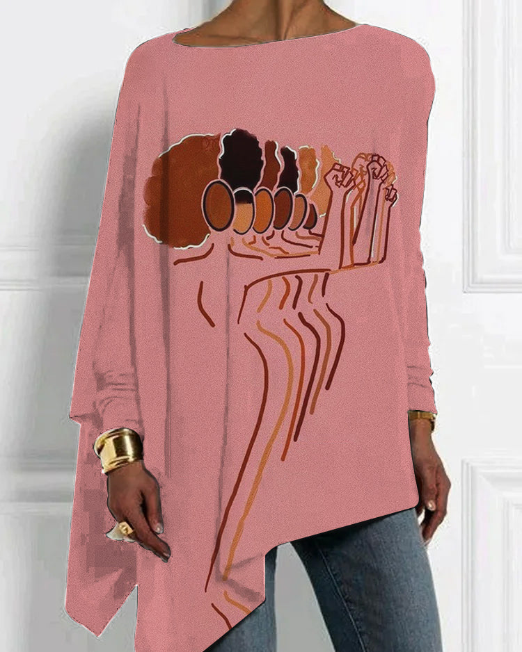 Artistic stick figure printing irregular hem top