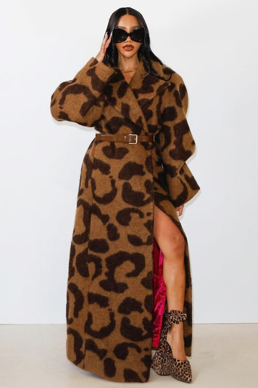 Leopard Pattern Long Sleeve Casual Woolen Overcoat-Brown [Pre Order]