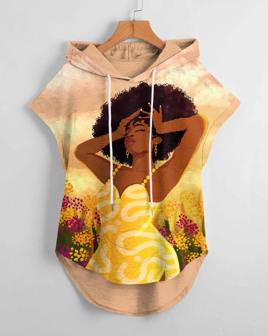 Beautiful Afro Woman Hem Drawstring Hooded Tee