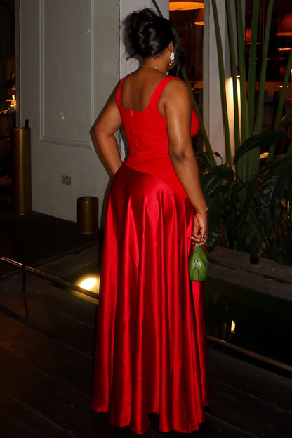 Square Neck Sleeveless Patchwork Formal Party Maxi Dresses-Red [Pre Order]