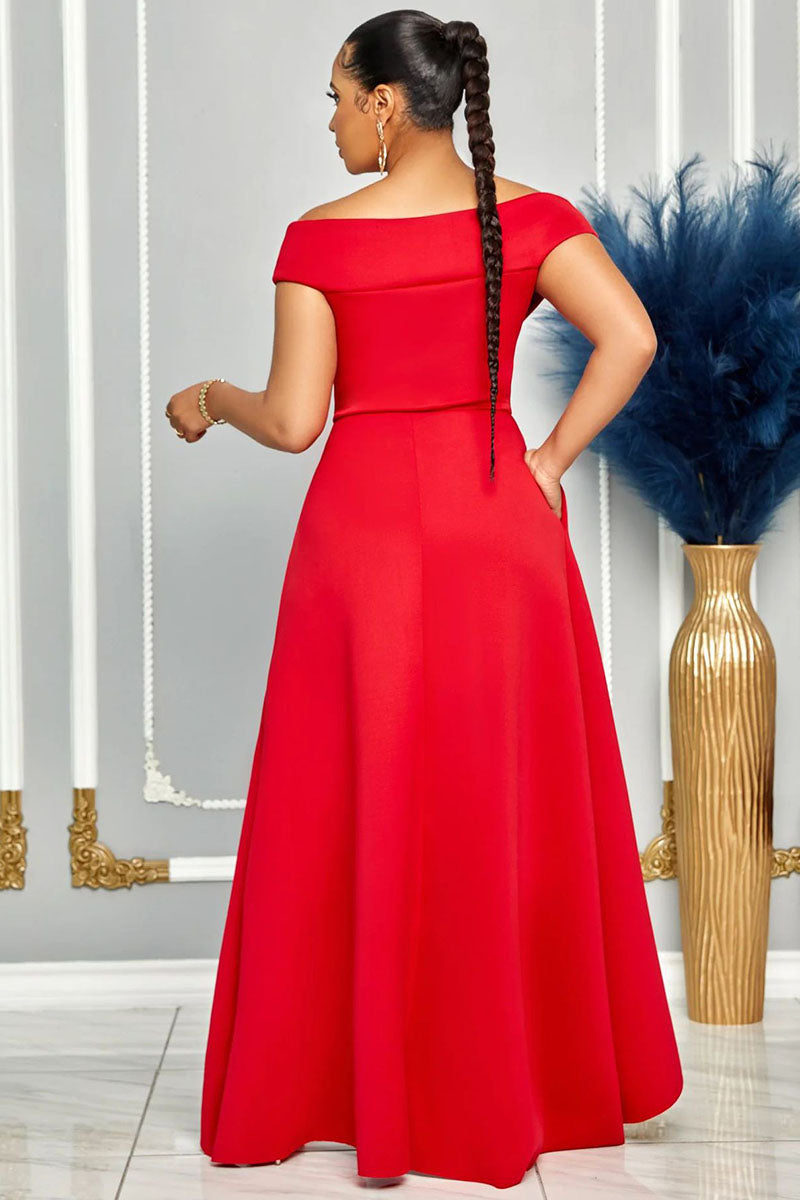 V Neck A-Line Ruffled Trim Wide Hem Pocket Evening Gowns Maxi Dresses-Black