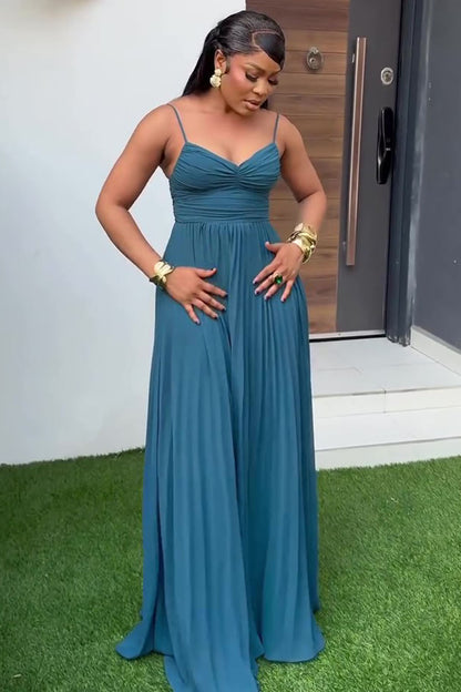 Wrinkle Low Back Cinch Waist Solid Party Slip Maxi Dresses-Teal [Pre Order]