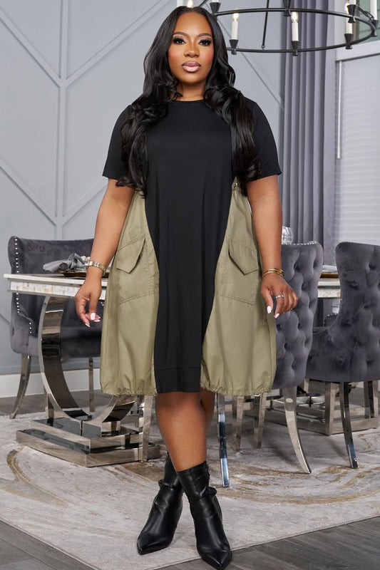 Colorblock Short Sleeve Ruched Hem Cargo Midi Dresses-Khaki [Pre Order]