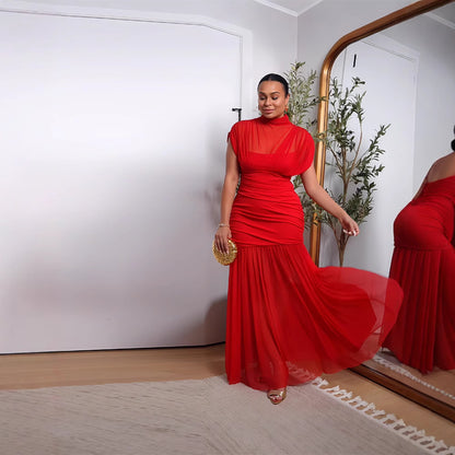 Half Turtleneck Mesh Stitching Long Dress