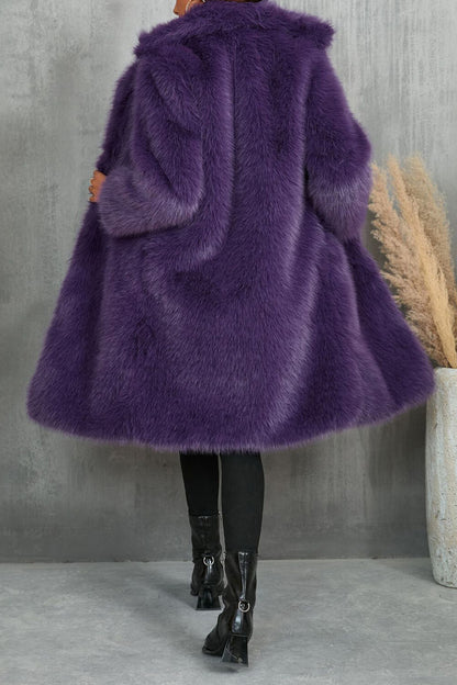 Notch Collar Long Sleeve Faux Fur Fuzzy Overcoat-Camel