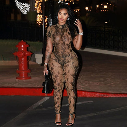 Women's Sexy Backless Fashion Printed Sheer Mesh Jumpsuit