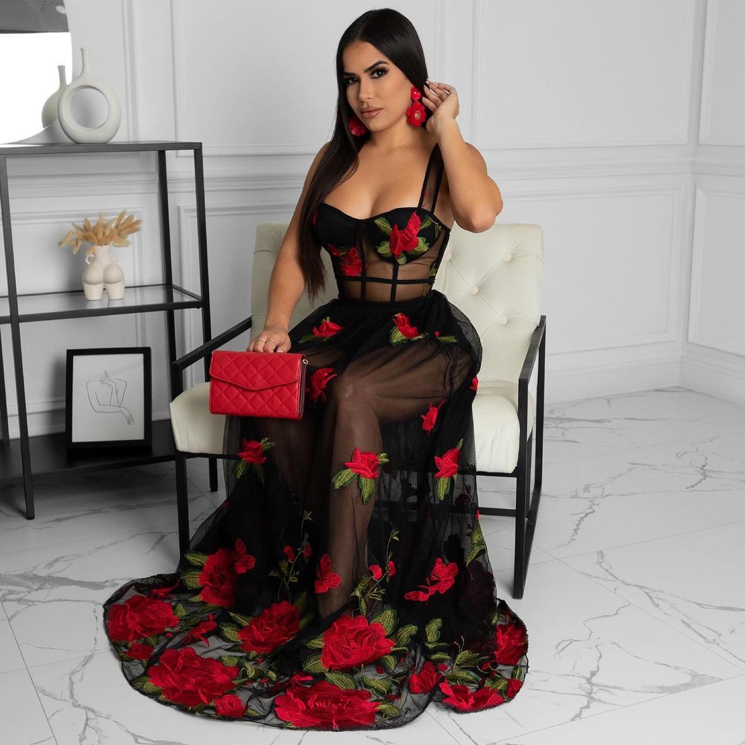 Embroidered Red Rose See Through Prom Maxi Dresses