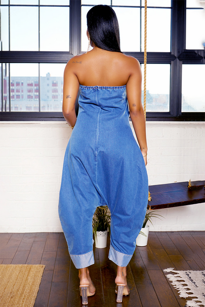 Strapless Pockets Raw Edge Harem Leg Denim Jumpsuit-Blue [Pre Order]