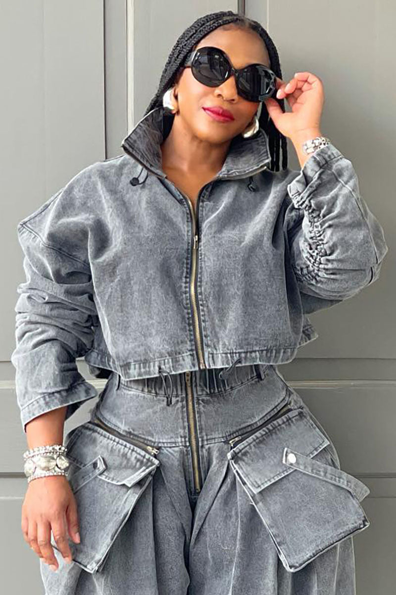 Denim Zip Long Sleeve Crop Jacket Pockets Wide Leg Pants Matching Set-Grey