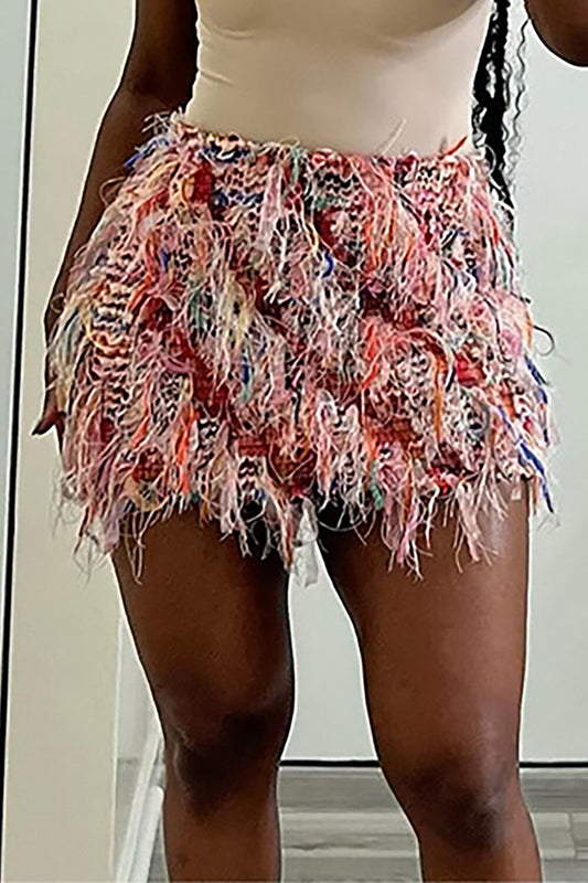 Multicolor Fringed Design Bodycon Mini Skirt-Pink