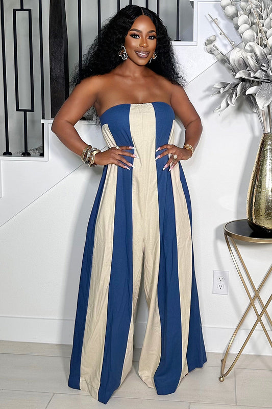 Strapless Colorblock Stripe Loose-Fit Wide Leg Jumpsuit-Blue [Pre Order]