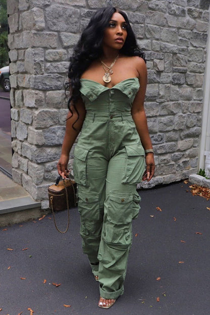 Strapless Button Multi Pocket Straight Leg Cargo Jumpsuit