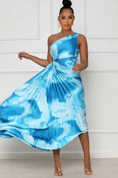 One Shoulder Sleeveless Print Cut Out Pleated Hem Maxi Dress