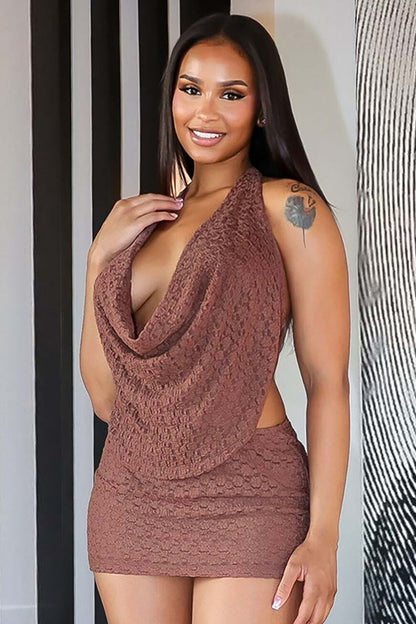 Jacquard Lace Cowl Neckline Halter Top Bodycon Mini Skirt 2pcs Set-White