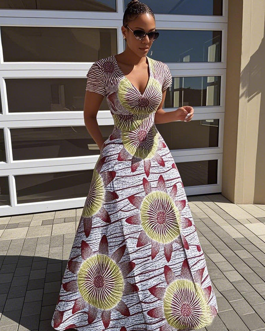 V Neck African Sun Flower Short Sleeve Maxi Dress