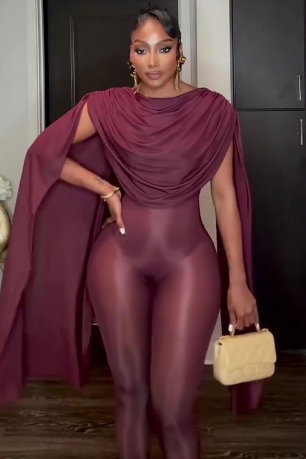 Cowl Neck Cape Sleeve Semi-Sheer Bodycon Jumpsuit-Burgundy [Pre Order]