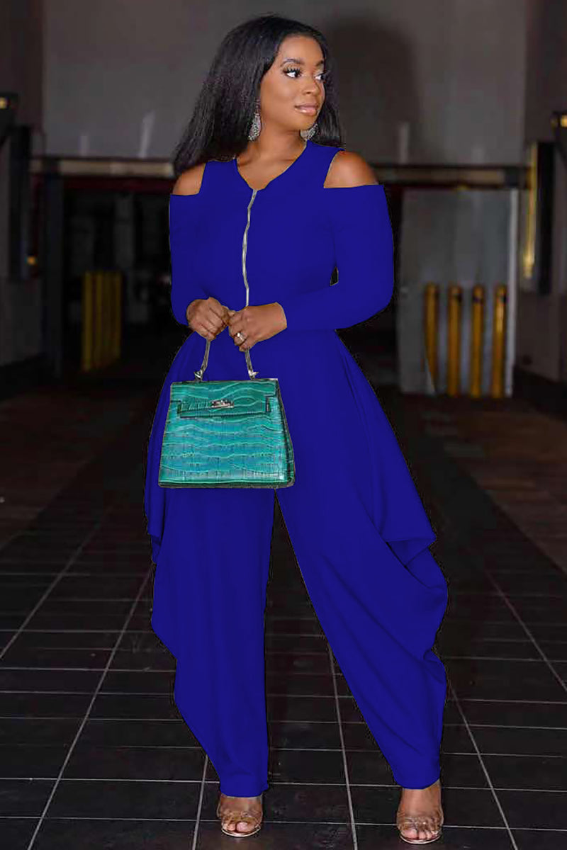 Cold Shoulder Half Zip Irregular Harem Casual Jumpsuit