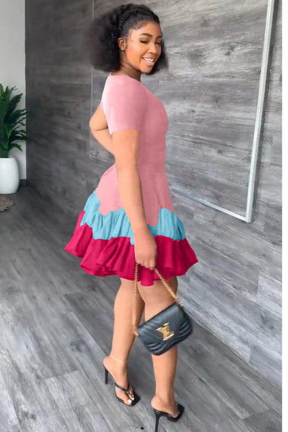 Summer Short Sleeve Colorblock Ruffle Mini Dresses