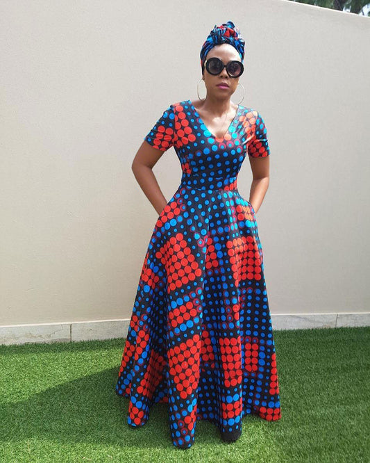 V Neck Red Polka Dots Short Sleeve Maxi Dress